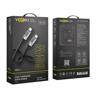 Кабель для зарядки и обмена данными USB Yoki YK-UL61 ULTRA Series Type-C to Type-C 60W 3A/20V 1.2 m Black