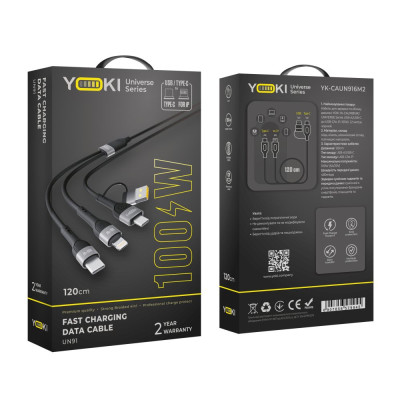 Кабель для зарядки и обмена данными USB Yoki YK-UN91 UNIVERSE USB-A/Type-C to Type-C/Lightning 100W 5A/20V 1.2 m Черный Кабель для зарядки и обмена данными USB Yoki YK-UN91 UNIVERSE USB-A/Type-C to Type-C/Lightning 100W 5A/20V 1.2 m Черный