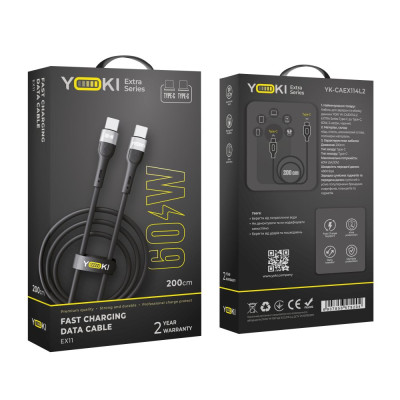 Кабель для заряджання та обміну даними USB Yoki YK-EX11 EXTRA Series Type-C to Type-C 60W 3A/20V 2 m Black Кабель для заряджання та обміну даними USB Yoki YK-EX11 EXTRA Series Type-C to Type-C 60W 3A/20V 2 m Black