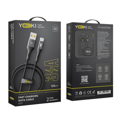 Кабель для заряджання та обміну даними USB Yoki YK-LE17 LED Series USB/Type C 60W 3A/20V 1.2 m Black Кабель для заряджання та обміну даними USB Yoki YK-LE17 LED Series USB/Type C 60W 3A/20V 1.2 m Black