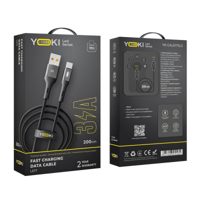 Кабель для зарядки и обмена данными Yoki YK-LE17 LED Series USB/Type C 60W 3A/20V 2 m Black Кабель для зарядки и обмена данными Yoki YK-LE17 LED Series USB/Type C 60W 3A/20V 2 m Black