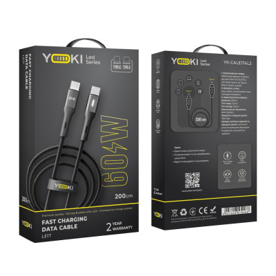 Кабель для зарядки и обмена данными Yoki YK-LE17 LED Series Type-C to Type-C 60W 3A/20V 2 m Black Кабель для зарядки и обмена данными Yoki YK-LE17 LED Series Type-C to Type-C 60W 3A/20V 2 m Black