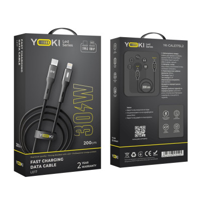Кабель для зарядки и обмена данными Yoki YK-LE17 LED Series Type-C to Lightning 30W 3A/10V 2 m Black Кабель для зарядки и обмена данными Yoki YK-LE17 LED Series Type-C to Lightning 30W 3A/10V 2 m Black
