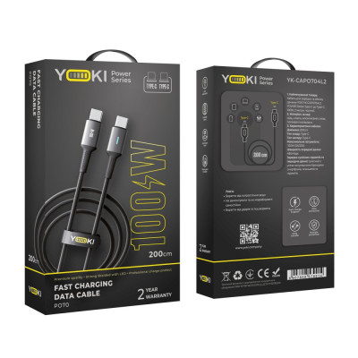 Кабель для заряджання та обміну даними Yoki YK-PO70 POWER Series Type-C to Type-C 100W 5A/20V 2 м Чорний Кабель для заряджання та обміну даними Yoki YK-PO70 POWER Series Type-C to Type-C 100W 5A/20V 2 м Чорний
