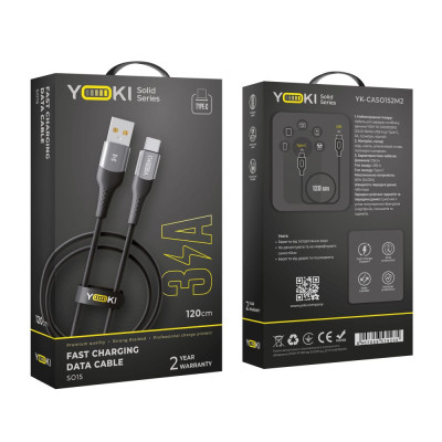 Кабель для зарядки и обмена данными Yoki YK-SO15 SOLID Series USB/Type C 60W 3A/20V 1.2 м Черный Кабель для зарядки и обмена данными Yoki YK-SO15 SOLID Series USB/Type C 60W 3A/20V 1.2 м Черный