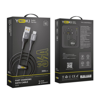 Кабель для зарядки и обмена данными Yoki YK-SO15 SOLID Series USB/Type C 60W 3A/20V 2 м Черный Кабель для зарядки и обмена данными Yoki YK-SO15 SOLID Series USB/Type C 60W 3A/20V 2 м Черный