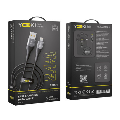 Кабель для зарядки и обмена данными Yoki YK-SO15 SOLID Series USB/Lightning 12W 2.4A/5V 2 м Черный Кабель для зарядки и обмена данными Yoki YK-SO15 SOLID Series USB/Lightning 12W 2.4A/5V 2 м Черный
