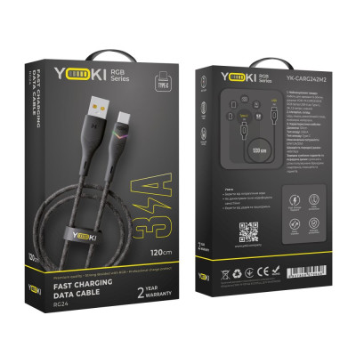 Кабель для зарядки и обмена данными USB Yoki YK-RG24 RGB Series USB/Type C 60W 3A/20V 1.2 м Черный Кабель для зарядки и обмена данными USB Yoki YK-RG24 RGB Series USB/Type C 60W 3A/20V 1.2 м Черный