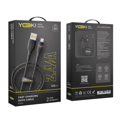 Кабель для заряджання та обміну даними Yoki YK-RG24 RGB Series USB/Lightning 12W 2.4A/5V 1.2 м Чорний Кабель для заряджання та обміну даними Yoki YK-RG24 RGB Series USB/Lightning 12W 2.4A/5V 1.2 м Чорний