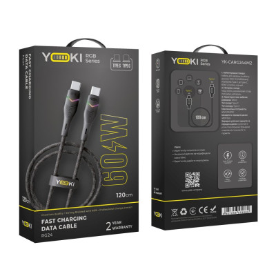 Кабель для заряджання та обміну даними USB Yoki YK-RG24 RGB Series Type-C to Type-C 60W 3A/20V 1.2 м Чорний