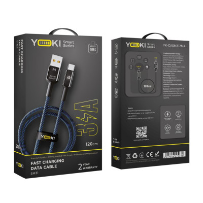 Кабель для заряджання та обміну даними USB Yoki YK-SM31 SMART Series USB/Type C 60W 3A/20V 1.2 м Чорно-Синій Кабель для заряджання та обміну даними USB Yoki YK-SM31 SMART Series USB/Type C 60W 3A/20V 1.2 м Чорно-Синій