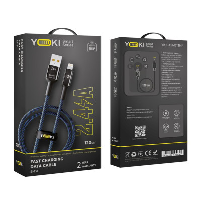 Кабель для заряджання та обміну даними Yoki YK-SM31 SMART Series USB/Lightning 12W 2.4A/5V 1.2 м Чорно-Синій Кабель для заряджання та обміну даними Yoki YK-SM31 SMART Series USB/Lightning 12W 2.4A/5V 1.2 м Чорно-Синій