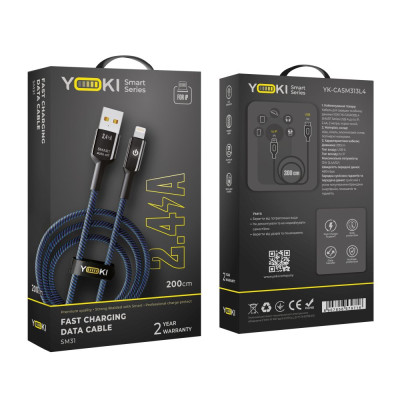 Кабель для зарядки и обмена данными Yoki YK-SM31 SMART Series USB/Lightning 12W 2.4A/5V 2 м Черно-Синий Кабель для зарядки и обмена данными Yoki YK-SM31 SMART Series USB/Lightning 12W 2.4A/5V 2 м Черно-Синий