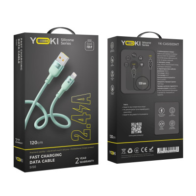 Кабель для заряджання та обміну даними USB Yoki YK-SI50 SILICONE Series USB/Lightning 12W 2.4A/5V 1.2 м Зелений Кабель для заряджання та обміну даними USB Yoki YK-SI50 SILICONE Series USB/Lightning 12W 2.4A/5V 1.2 м Зелений