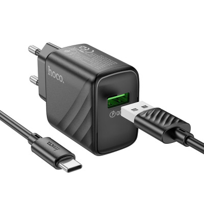 Комплект зарядного пристрою Hoco CS21A Single port 1USB 18W 5V/3A 9V/2A Quick Charge 3.0 USB /Type-C 1м Black Комплект зарядного пристрою Hoco CS21A Single port 1USB 18W 5V/3A 9V/2A Quick Charge 3.0 USB /Type-C 1м Black