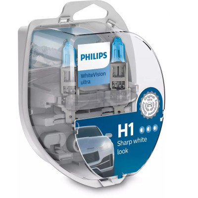 Комплект галогенових ламп Philips 12258WVUSM H1 55W 12V P14,5s WhiteVisionULTRA +60% 3700K Комплект галогенових ламп Philips 12258WVUSM H1 55W 12V P14,5s WhiteVisionULTRA +60% 3700K