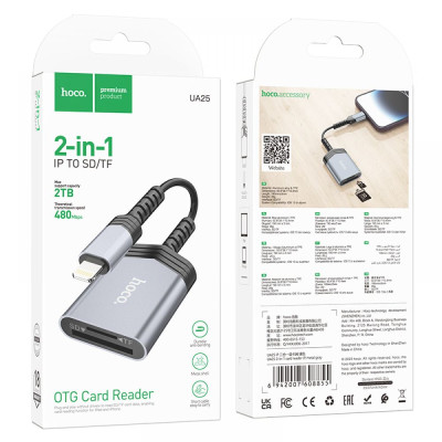 Адаптер переходник Hoco UA25 2-in-1 card reader iP/OTG Lightning - SD/TF iPhone / iPad 480Mbps/2TB Серый Адаптер переходник Hoco UA25 2-in-1 card reader iP/OTG Lightning - SD/TF iPhone / iPad 480Mbps/2TB Серый