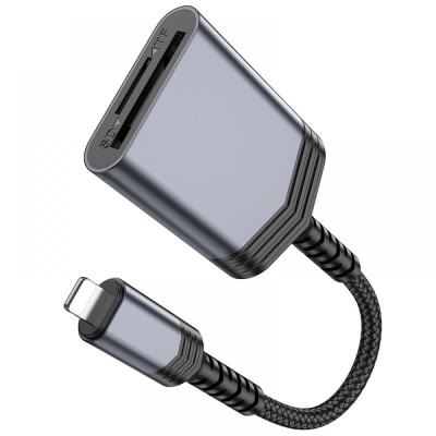 Адаптер переходник Hoco UA25 2-in-1 card reader iP/OTG Lightning - SD/TF iPhone / iPad 480Mbps/2TB Серый Адаптер переходник Hoco UA25 2-in-1 card reader iP/OTG Lightning - SD/TF iPhone / iPad 480Mbps/2TB Серый