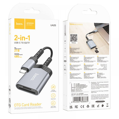 Адаптер перехідник Hoco UA25 2-in-1 card reader OTG Type-C - SD/TF iPhone / iPad 480Mbps/2TB Сірий Адаптер перехідник Hoco UA25 2-in-1 card reader OTG Type-C - SD/TF iPhone / iPad 480Mbps/2TB Сірий