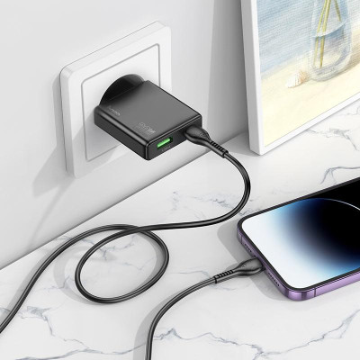 Ультратонкий двопортовий зарядний пристрій Hoco N38 Delgado Type-C 20 Вт та USB-A 18 Вт PD20W / PPS / QC3.0 / FCP / AFC Black Ультратонкий двопортовий зарядний пристрій Hoco N38 Delgado Type-C 20 Вт та USB-A 18 Вт PD20W / PPS / QC3.0 / FCP / AFC Black