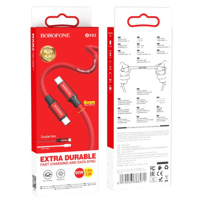 Кабель передачі даних Borofone BX82 Bountiful Type-C to Type-C 1 m 60W 20V / 3A Red Кабель передачі даних Borofone BX82 Bountiful Type-C to Type-C 1 m 60W 20V / 3A Red