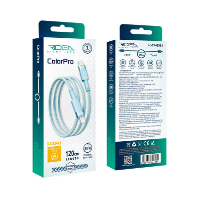 Кабель для заряджання USB Ridea RC-CP43 ColorPro Type-C to Lightning 30W 10V/3A 1.2 м Блакитний Кабель для заряджання USB Ridea RC-CP43 ColorPro Type-C to Lightning 30W 10V/3A 1.2 м Блакитний