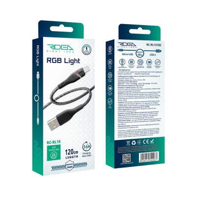 Кабель для заряджання USB Ridea RC-RL15 RGB Light USB-MicroUSB 60W 20V/3A 1.2 м Чорний Кабель для заряджання USB Ridea RC-RL15 RGB Light USB-MicroUSB 60W 20V/3A 1.2 м Чорний