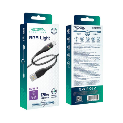 Кабель для заряджання USB Ridea RC-RL15 RGB Light USB-Type C 60W 20V/3A 1.2 м Чорний Кабель для заряджання USB Ridea RC-RL15 RGB Light USB-Type C 60W 20V/3A 1.2 м Чорний
