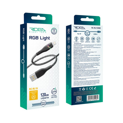Кабель для заряджання USB Ridea RC-RL15 RGB Light USB-Lightning 12W 1.2 м Чорний Кабель для заряджання USB Ridea RC-RL15 RGB Light USB-Lightning 12W 1.2 м Чорний