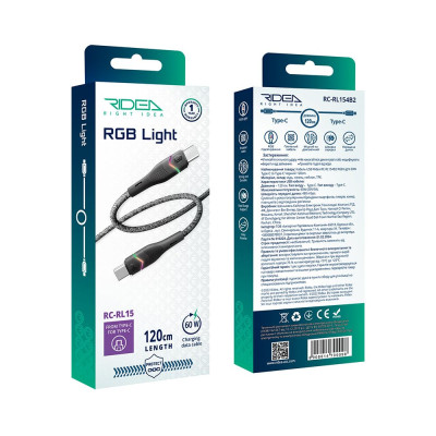 Кабель для зарядки USB Ridea RC-RL15 RGB Light Type-C to Type-C 60W 20V/3A 1.2 м Черный Кабель для зарядки USB Ridea RC-RL15 RGB Light Type-C to Type-C 60W 20V/3A 1.2 м Черный