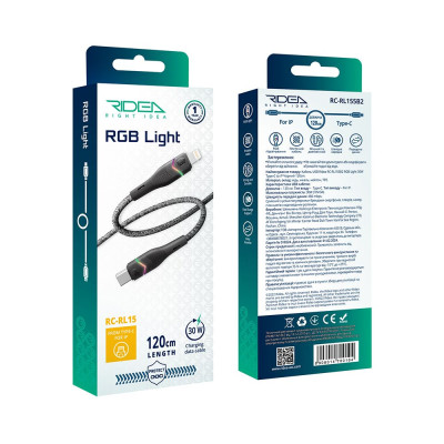Кабель для заряджання USB Ridea RC-RL15 RGB Light Type-C to Lightning 30W 10V/3A 1.2 м Чорний Кабель для заряджання USB Ridea RC-RL15 RGB Light Type-C to Lightning 30W 10V/3A 1.2 м Чорний