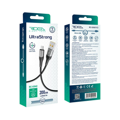 Кабель для зарядки USB Ridea RC-US42 UltraStrong USB-МicroUSB 60W 20V/3A 2 м Черный Кабель для зарядки USB Ridea RC-US42 UltraStrong USB-МicroUSB 60W 20V/3A 2 м Черный