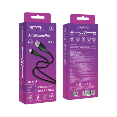 Кабель для заряджання та обміну даними USB Ridea RC-AI21 AirSiliconePro 12W 5V/2.4A USB-Lightning 1 м Чорний Кабель для заряджання та обміну даними USB Ridea RC-AI21 AirSiliconePro 12W 5V/2.4A USB-Lightning 1 м Чорний