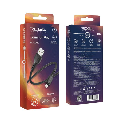 Кабель для зарядки и обмена данными USB Ridea RC-CO10 CommonPro 12W 5V/2.4A USB-Lightning 1 м Черный Кабель для зарядки и обмена данными USB Ridea RC-CO10 CommonPro 12W 5V/2.4A USB-Lightning 1 м Черный