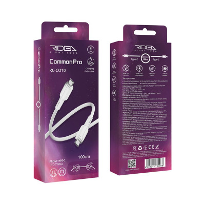 Кабель для зарядки и обмена данными USB Ridea RC-CO10 CommonPro 60W 20V/3A Type-C to Type-C 1 м Белый Кабель для зарядки и обмена данными USB Ridea RC-CO10 CommonPro 60W 20V/3A Type-C to Type-C 1 м Белый