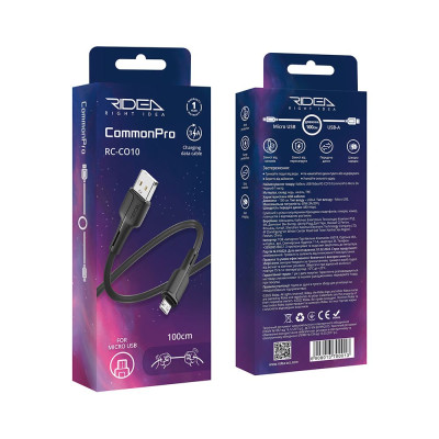 Кабель для зарядки и обмена данными USB Ridea RC-CO10 CommonPro 60W 20V/3A USB-МicroUSB 1 м Черный Кабель для зарядки и обмена данными USB Ridea RC-CO10 CommonPro 60W 20V/3A USB-МicroUSB 1 м Черный