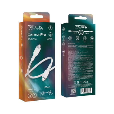 Кабель для заряджання та обміну даними USB Ridea RC-CO10 CommonPro 30W 10V/3A Type-C to Lightning 1 м Білий Кабель для заряджання та обміну даними USB Ridea RC-CO10 CommonPro 30W 10V/3A Type-C to Lightning 1 м Білий