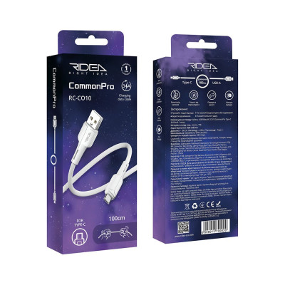 Кабель для заряджання та обміну даними USB Ridea RC-CO10 CommonPro 60W 20V/3A USB-Type C 1 м Білий Кабель для заряджання та обміну даними USB Ridea RC-CO10 CommonPro 60W 20V/3A USB-Type C 1 м Білий