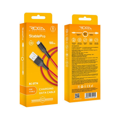 Кабель для заряджання та обміну даними USB Ridea RC-ST74 StablePro 60W 20V/3A USB-Type C 1 м Червоний-чорний Кабель для заряджання та обміну даними USB Ridea RC-ST74 StablePro 60W 20V/3A USB-Type C 1 м Червоний-чорний