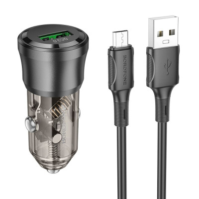 Автомобільний зарядний пристрій Borofone BZ23 1USB QC3.0/18W 5V/3A 9V/2A 12V/1.5A USB/MicroUSB Transparent Black (34165_3337972)