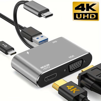 Концентратор Qukam Type-C 4 в 1 адаптер type-c 3.0 до 4K HDMI HDTV VGA USB 3.0 PD розгалужувач швидкої зарядки Серый Концентратор Qukam Type-C 4 в 1 адаптер type-c 3.0 до 4K HDMI HDTV VGA USB 3.0 PD розгалужувач швидкої зарядки Серый
