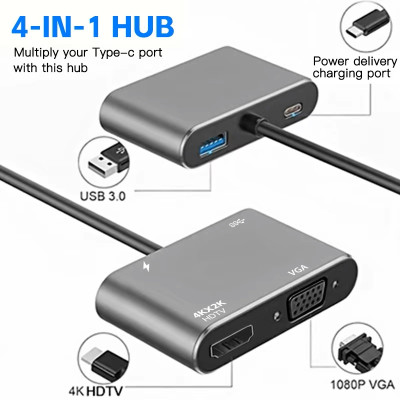 Концентратор Qukam Type-C 4 в 1 адаптер type-c 3.0 до 4K HDMI HDTV VGA USB 3.0 PD розгалужувач швидкої зарядки Серый Концентратор Qukam Type-C 4 в 1 адаптер type-c 3.0 до 4K HDMI HDTV VGA USB 3.0 PD розгалужувач швидкої зарядки Серый