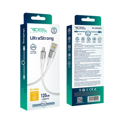 Кабель для зарядки USB Ridea RC-US42 UltraStrong USB-Lightning 12W 5V/2.4A 1.2 м Белый Кабель для зарядки USB Ridea RC-US42 UltraStrong USB-Lightning 12W 5V/2.4A 1.2 м Белый