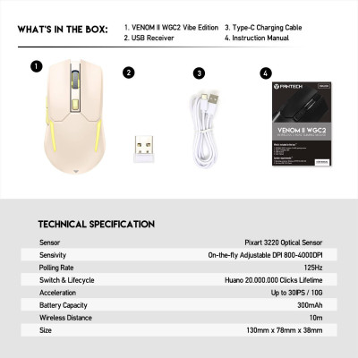Игровая беспроводная мышка Fantech WGC2 Venom II VibeRGB 2000 DPI 125Hz Beige Игровая беспроводная мышка Fantech WGC2 Venom II VibeRGB 2000 DPI 125Hz Beige