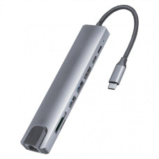 Хаб концентратор 8в1 USB Type-C переходник HDMI SD TF RJ45 Серый