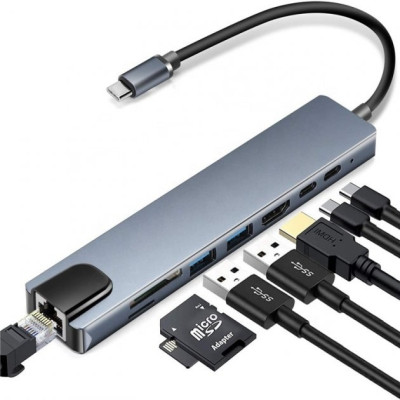 Хаб концентратор 8в1 USB Type-C переходник HDMI SD TF RJ45 Серый Хаб концентратор 8в1 USB Type-C переходник HDMI SD TF RJ45 Серый