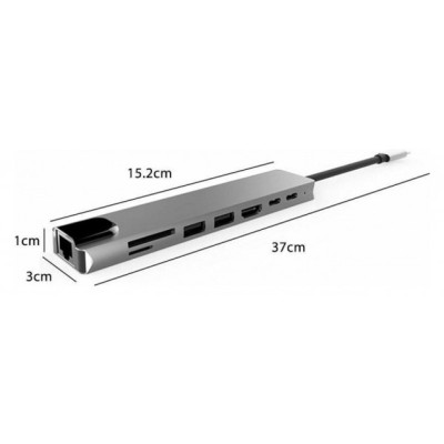 Хаб концентратор 8в1 USB Type-C переходник HDMI SD TF RJ45 Серый Хаб концентратор 8в1 USB Type-C переходник HDMI SD TF RJ45 Серый