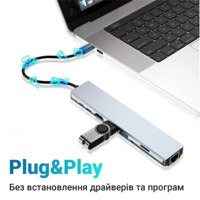 Хаб концентратор 8в1 USB Type-C переходник HDMI SD TF RJ45 Серый Хаб концентратор 8в1 USB Type-C переходник HDMI SD TF RJ45 Серый