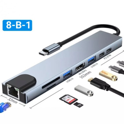 Хаб концентратор 8в1 USB Type-C переходник HDMI SD TF RJ45 Серый Хаб концентратор 8в1 USB Type-C переходник HDMI SD TF RJ45 Серый