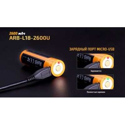 Аккумулятор с зарядкой Fenix 18650 2600 mAh micro-usb Черно-желтый (2471461807) Аккумулятор с зарядкой Fenix 18650 2600 mAh micro-usb Черно-желтый (2471461807)